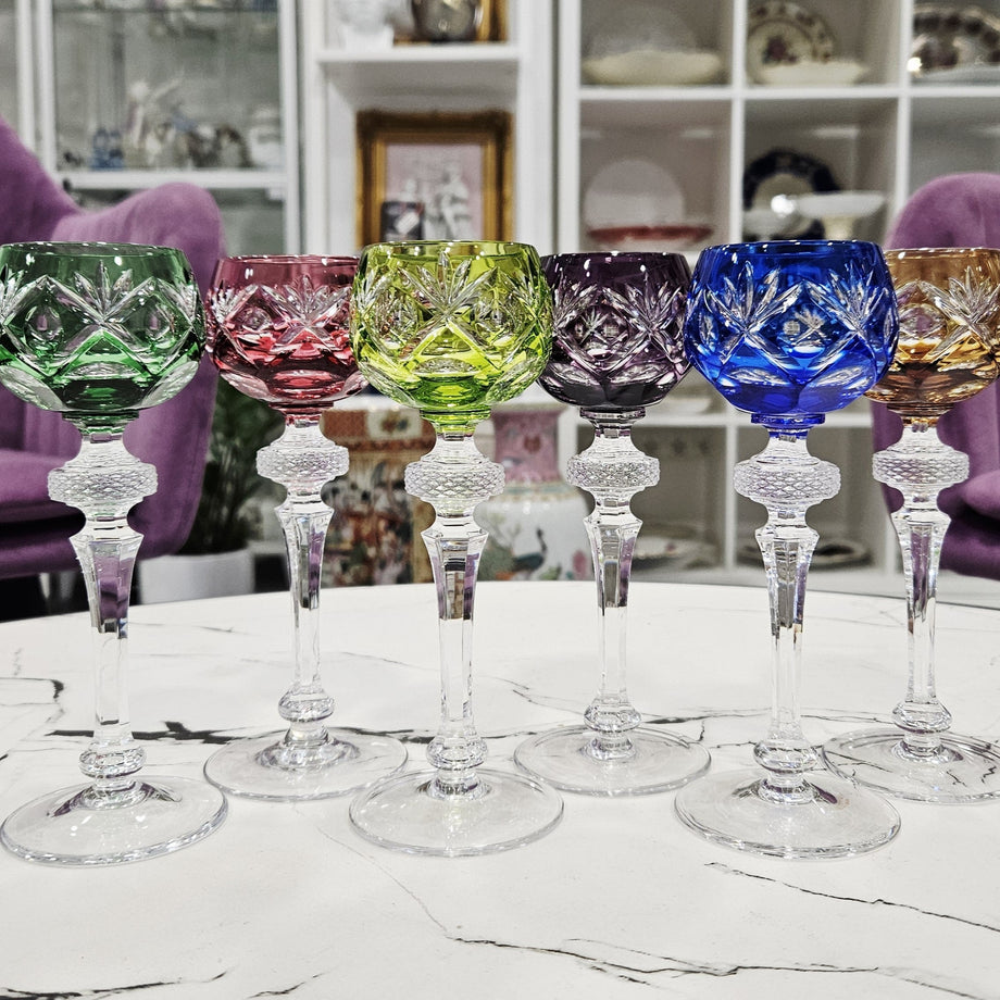 6 Stück. Sehr seltene, spektakuläre WMF Cristal Cabinet farbige Krista –